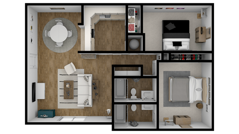 Floor plan for 2 beds, 2 baths, 1038 sqft